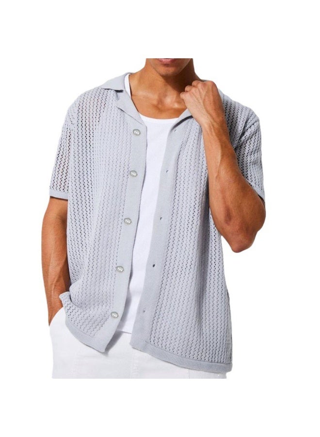 NIBEMINENT Men's Knitted Short Sleeve Shirt Summer Cool Hollow Out Cardigan Casual Lapel Tops Solid All-match Knit T-shirt Male - Image 1