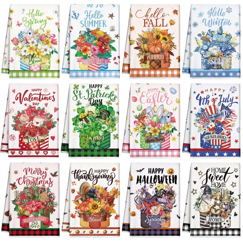 FuWeave 12 Pcs Seasonal Kitchen Towels Set for All Holidays Hand Dish Tea Towels Thanksgiving Christmas Absorbent Dishcloths Housewarming Gift for Cooking Kitchen BathroomFlower Style