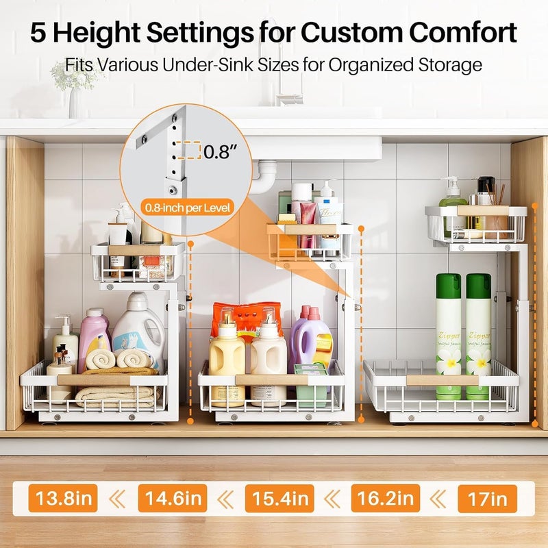 PXRACK Under Sink Organizer, Adjustable Height, 2 Tier Pull Out Under Cabinet Organizer, Slide Out Thickened Metal Under Sink Storage for Kitchen Bathroom Laundry Pantry Cabinet, White, Large-2-Pack - Image 5