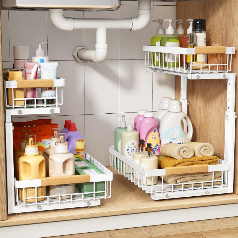 PXRACK Under Sink Organizer, Adjustable Height, 2 Tier Pull Out Under Cabinet Organizer, Slide Out Thickened Metal Under Sink Storage for Kitchen Bathroom Laundry Pantry Cabinet, White, Large-2-Pack - Image 1
