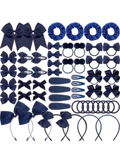 Hotop 56 Pcs School Uniform Hair Bows Set Round Tail Bow Elastic Hair Band Hair Clip Rib Bow Double Hairball Scrunchie Solid Bow Head Band Barrettes For Little Teen Toddler Girls (Navy Blue)  - Image 1