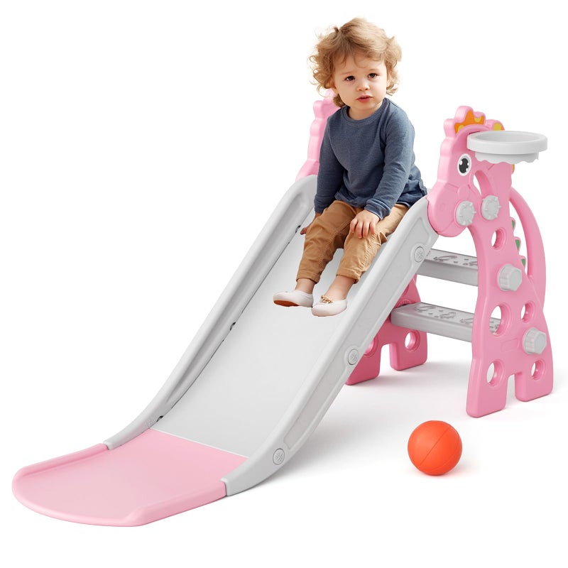 GLAF Toddler Slide Indoor for Toddlers 13 Baby Slide Outdoor Playset with Basketball Hoop and Ball Plastic Foldable Slides for Kids Backyard Climber Set Pink