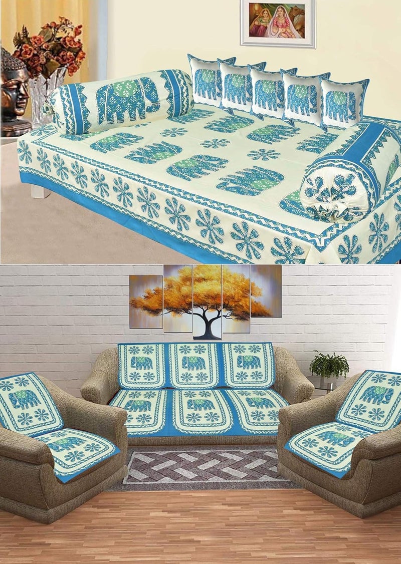 SkyKross - Everyday A New Thing SkyKross Everyday A New Thing Veda Cream Special Hathi Pure Cotton ROOMSET Diwan Set Sofa Set Single Bedsheet 2 Bolster Covers 5 Cushion Covers and Five Seater Sofa Cover Set Blue - Image 1