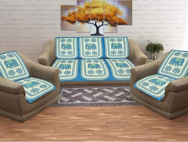 SkyKross - Everyday A New Thing SkyKross Everyday A New Thing Veda Cream Special Hathi Pure Cotton ROOMSET Diwan Set Sofa Set Single Bedsheet 2 Bolster Covers 5 Cushion Covers and Five Seater Sofa Cover Set Blue - Image 5