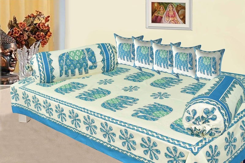 SkyKross - Everyday A New Thing SkyKross Everyday A New Thing Veda Cream Special Hathi Pure Cotton ROOMSET Diwan Set Sofa Set Single Bedsheet 2 Bolster Covers 5 Cushion Covers and Five Seater Sofa Cover Set Blue - Image 3