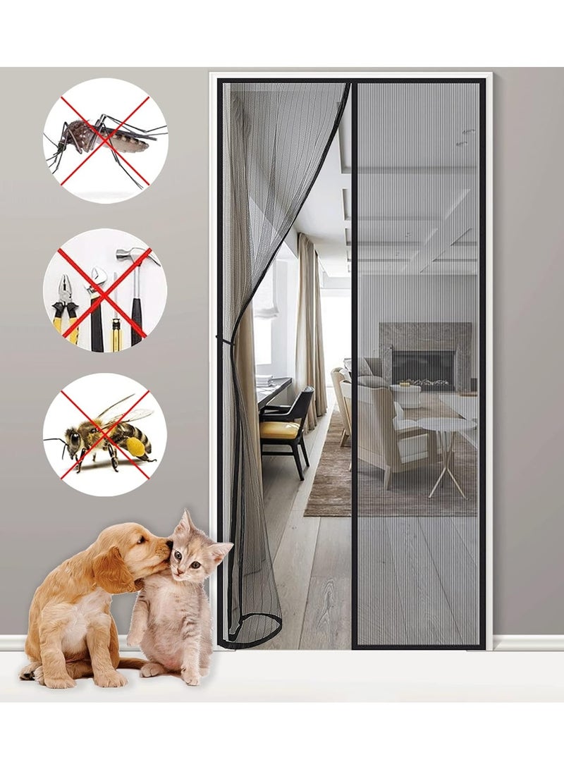 ستارة باب مغناطيسية تغلق اوتوماتيكيا لحماية كاملة من البعوض والذباب في غرفة النوم والشرفة والمطبخ، 110×210 سم، بدون ثقب، شبكة قابلة للغسل، أسود - Image 1