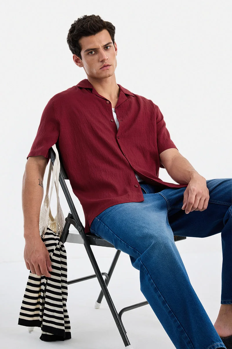 سنيتش Burgundy Textured Half Sleeve Boxy Shirt