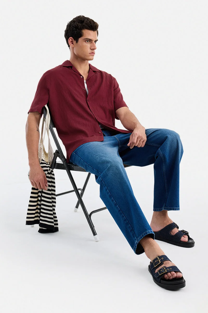 سنيتش Burgundy Textured Half Sleeve Boxy Shirt