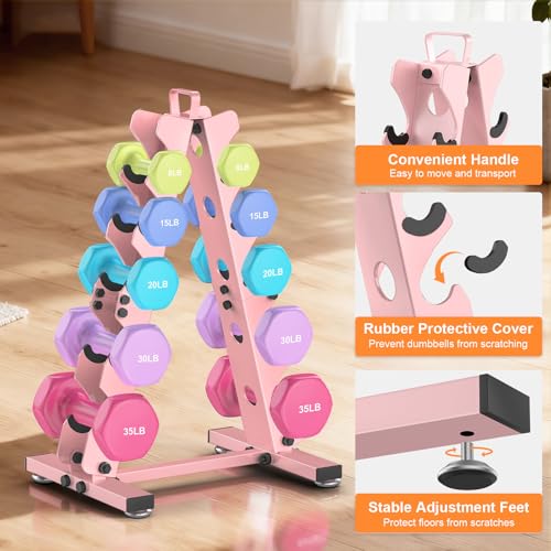 TomCare 5 Tier Dumbbell Rack Stand Only, Weight Rack for Home Gym Dumbells (5-35 LB) Weight holders Stand Metal A-Frame Strength Training Dumbbell Holder with Handle (Dumbells not Included)-Pink - Image 4