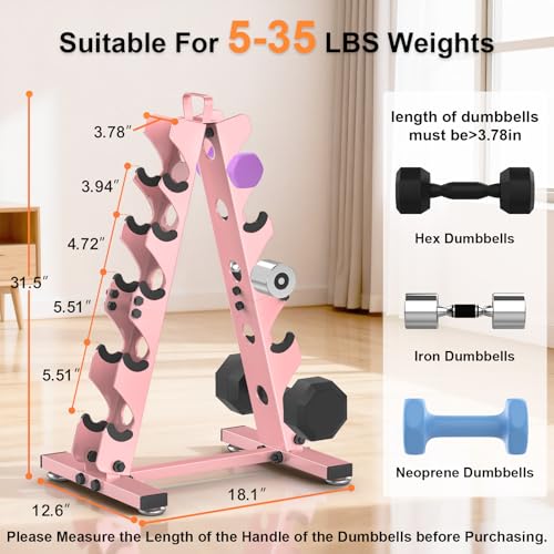 TomCare 5 Tier Dumbbell Rack Stand Only, Weight Rack for Home Gym Dumbells (5-35 LB) Weight holders Stand Metal A-Frame Strength Training Dumbbell Holder with Handle (Dumbells not Included)-Pink - Image 3