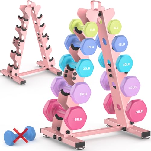 TomCare 5 Tier Dumbbell Rack Stand Only, Weight Rack for Home Gym Dumbells (5-35 LB) Weight holders Stand Metal A-Frame Strength Training Dumbbell Holder with Handle (Dumbells not Included)-Pink - Image 1