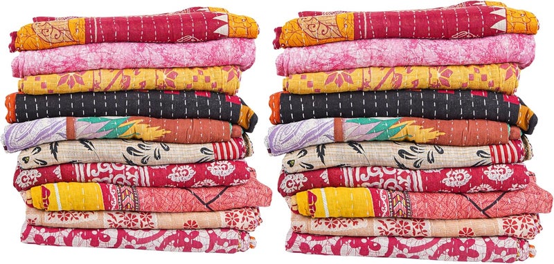 Mycrafts لحاف كانثا هندي جملة 3 قطع لحاف كانثا عتيق بطانية مصنوعة يدويًا رقعة هيبي بوهيمي من الساري القديم، غطاء سرير مخيط يدويًا، قطن معاد تدويره بحجم توأم قابل للعكس - Image 4