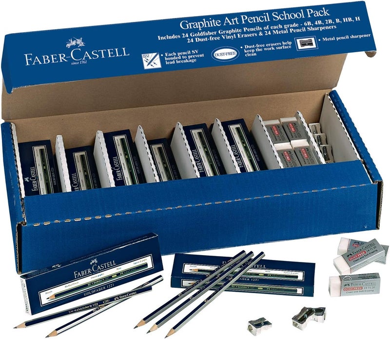 Faber-Castell Creative Studio Graphite Art Pencil School Pack - 144 Graphite Pencils - 24 Pencil Sharpeners - 24 Pencil Eraser - Image 1