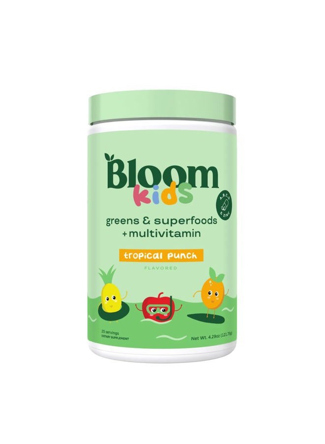Bloom Nutrition Superfood Greens Powder for Kids, Digestive Enzymes, Probiotics, Prebiotics, Gut Health, Chlorella, Green Juice Mix w/Beet Root Powder (25 Servings (Pack of 1), Tropical Punch) - Image 1