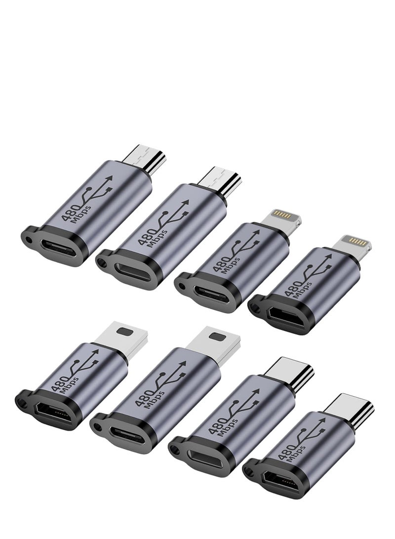 8 Pack USB C Lightning to Micro USB Adapter,  Micro USB and Lighting to USB C Extender, USB C Micro USB to Mini USB Connector use any interface, Black - Image 1