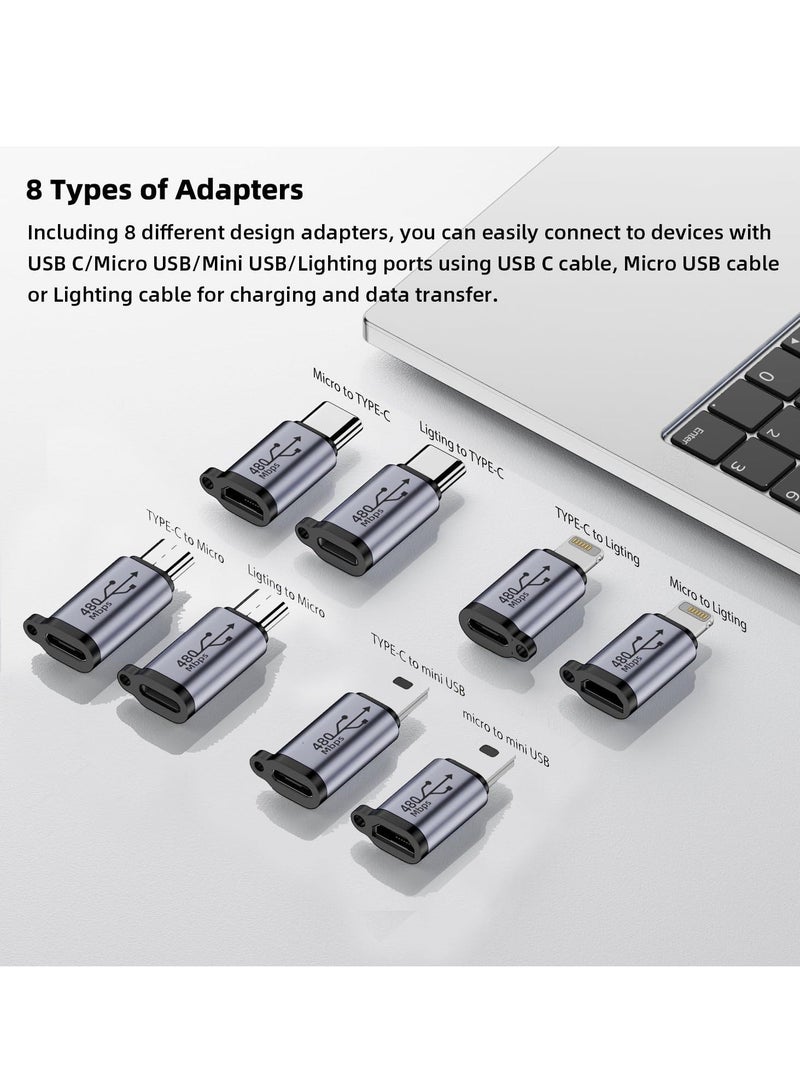 8 Pack USB C Lightning to Micro USB Adapter,  Micro USB and Lighting to USB C Extender, USB C Micro USB to Mini USB Connector use any interface, Black - Image 5