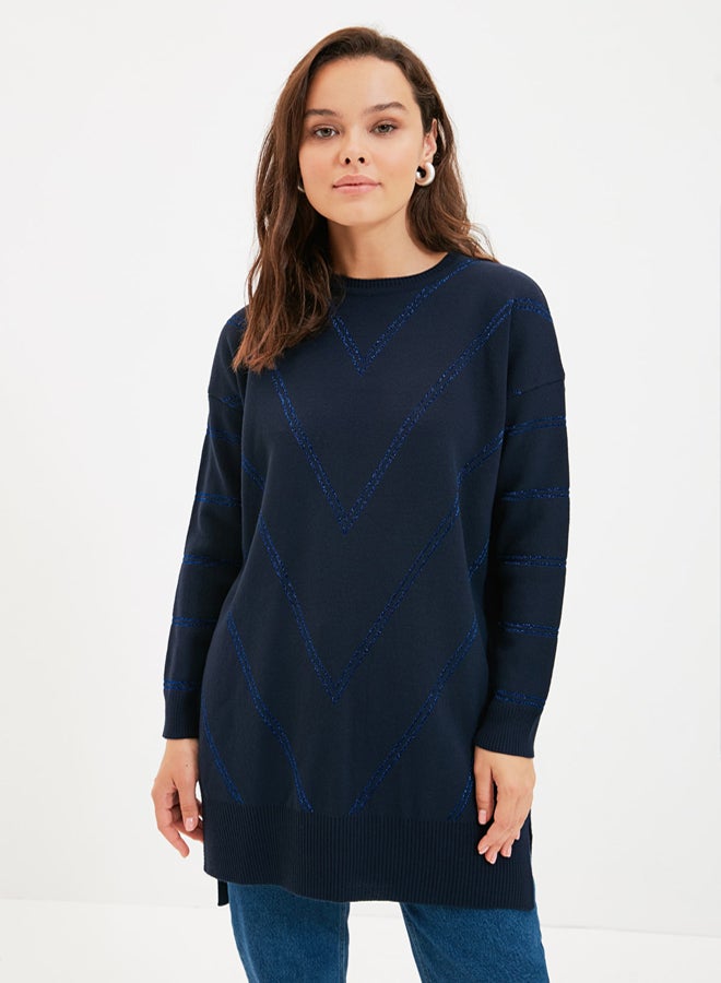 trendyol Navy Blue Silvery Long Knitwear Sweater TCTAW22AK0129 - Image 1