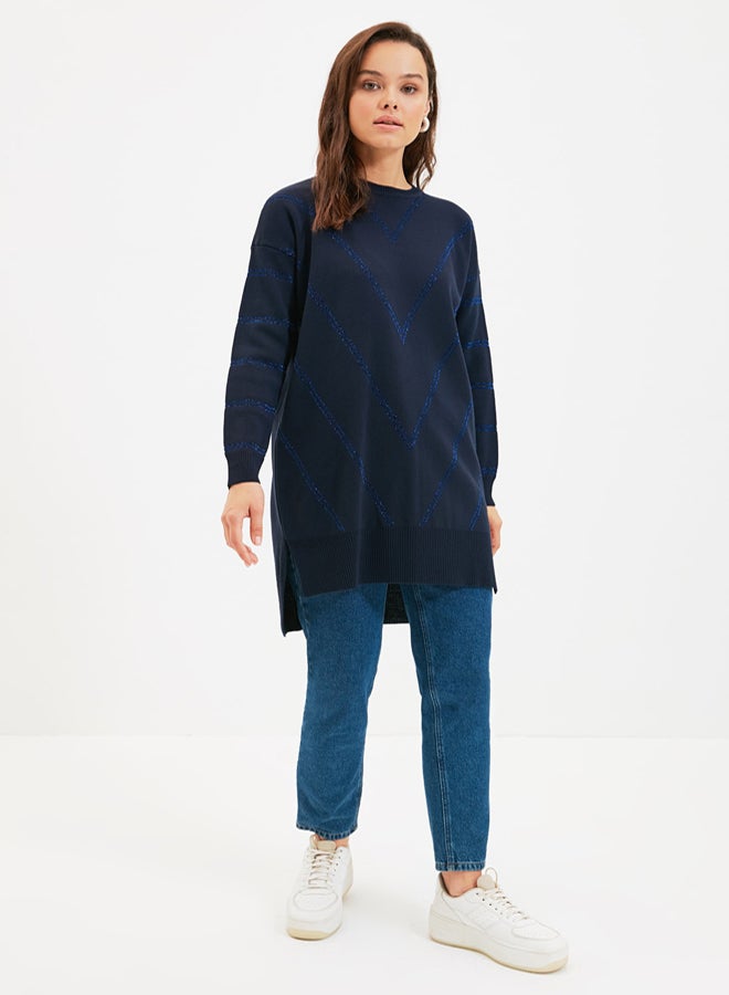 trendyol Navy Blue Silvery Long Knitwear Sweater TCTAW22AK0129 - Image 4