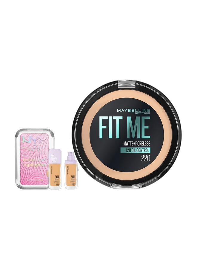 MAYBELLINE NEW YORK MAYBELLINE SUPER STAY LUMI-MATTE FOUNDATION 30H LONGWEAR, LIGHTWEIGHT, WATERPROOF, SWEATPROOF, HEATPROOF, STAY TRUE TO TONE ALL DAY, 128 & Fit Me Matte & Poreless Powder - 220 Natural Beige & Buttermelt Highlighter Powder Highlighter 12 HR Wear Fade And Transfer Resistant U Butta Werk Bundle - Image 1