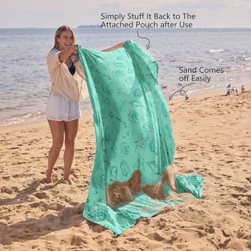WEKAPO Beach Blanket Waterproof Sandproof Oversized, Extra Large Beach Mat Sand Free, Lightweight & Compact Sand Free Mat with 6 Stakes & 4 Corner Pockets (Turquoise Shells, 8 x 7 FT (1～4 Person)) - Image 5
