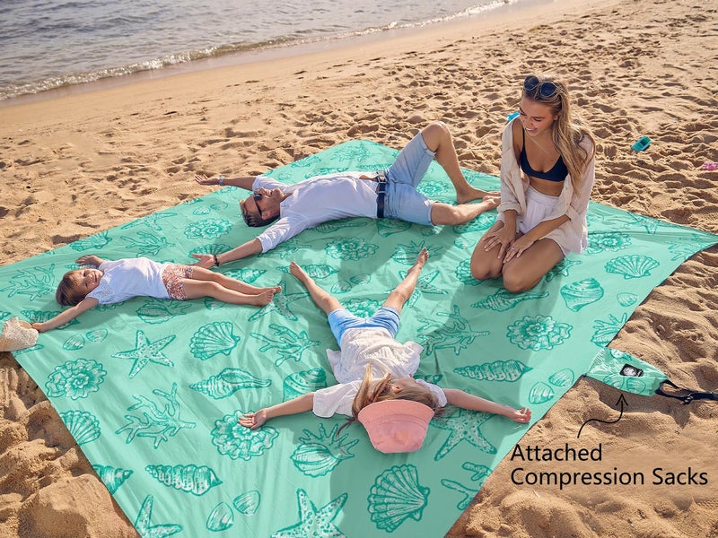 WEKAPO Beach Blanket Waterproof Sandproof Oversized, Extra Large Beach Mat Sand Free, Lightweight & Compact Sand Free Mat with 6 Stakes & 4 Corner Pockets (Turquoise Shells, 8 x 7 FT (1～4 Person)) - Image 3