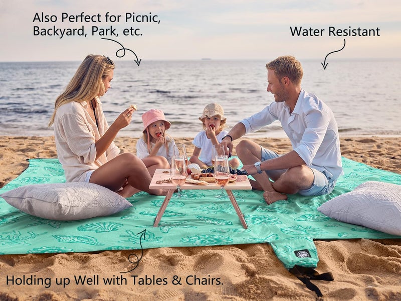 WEKAPO Beach Blanket Waterproof Sandproof Oversized, Extra Large Beach Mat Sand Free, Lightweight & Compact Sand Free Mat with 6 Stakes & 4 Corner Pockets (Turquoise Shells, 8 x 7 FT (1～4 Person)) - Image 4