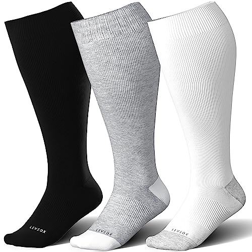 LEVSOX Plus Size Compression Socks for Women&Men Wide Calf 15-20 mmHg Knee High Extra Large Calf Support Socks for Nurse, Medical, Travel, Black, Grey, White - Image 1