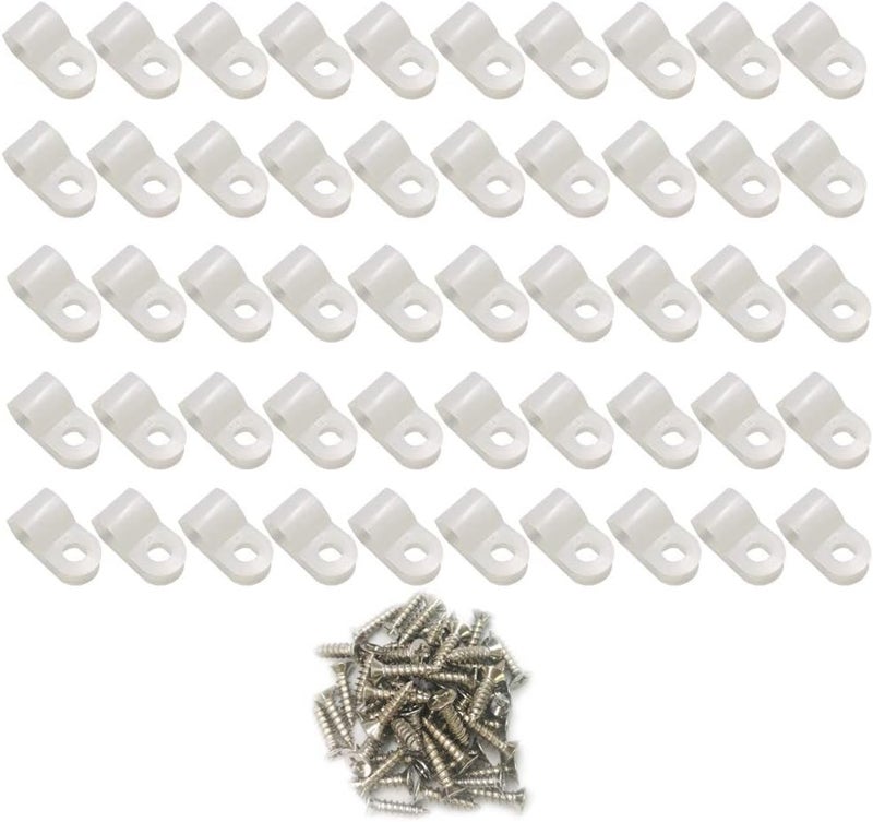 Alamic Cable Clamp R-Type Cable Clip Wire Clamp 1/4-inch Nylon Screw Mounting Cord Fastener Clips with Screws for Wire Management - White - 50 Pcs - Image 1