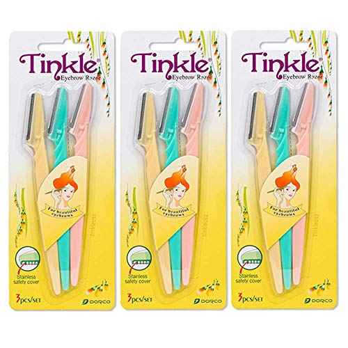 DORCO Tinkle Dermaplaning Tool 9ct Dermaplane Razor for Women Safe and Easy Peach Fuzz Remover Eyebrow Trimmer with Protective Cover 3 Packs of 3