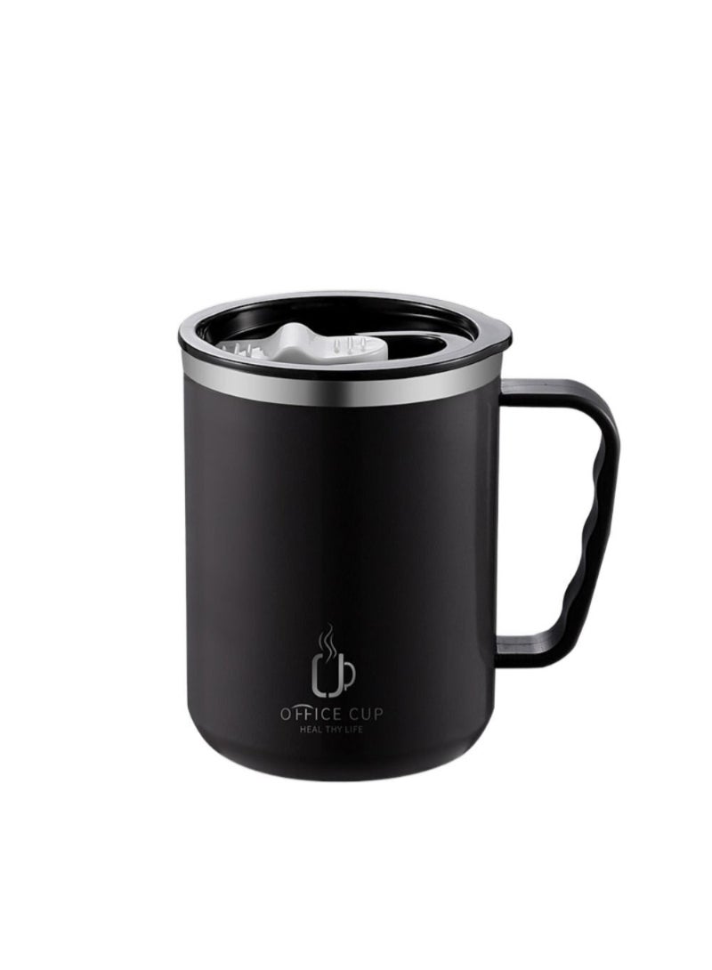 AROAQ Stainless Steel Double Layers Coffee Mug Milk Cup With Plastic Lid And Handle 500ml Black - Image 1