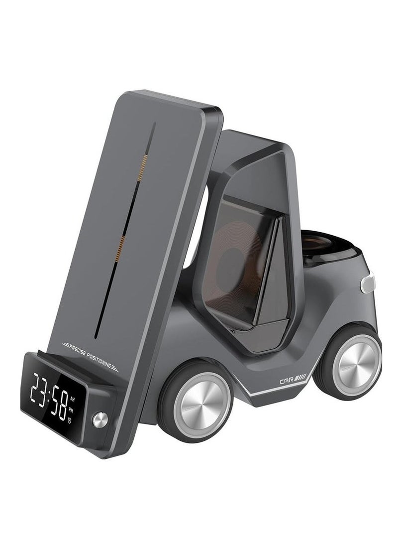 TIGER Forklift 5-in-1 Wireless Charging Station with 15W Fast Phone Charger, 2.5W Smartwatch Dock, 5W Earbuds Pad | Night Light, LED Digital Clock, Type-C Input | Multi-Device Fast Charging Dock for iPhone, Android, AirPods & More | Sleek & Compact  Black  - Image 1