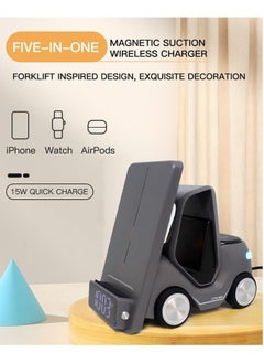 TIGER Forklift 5-in-1 Wireless Charging Station with 15W Fast Phone Charger, 2.5W Smartwatch Dock, 5W Earbuds Pad | Night Light, LED Digital Clock, Type-C Input | Multi-Device Fast Charging Dock for iPhone, Android, AirPods & More | Sleek & Compact  Black  - Image 4