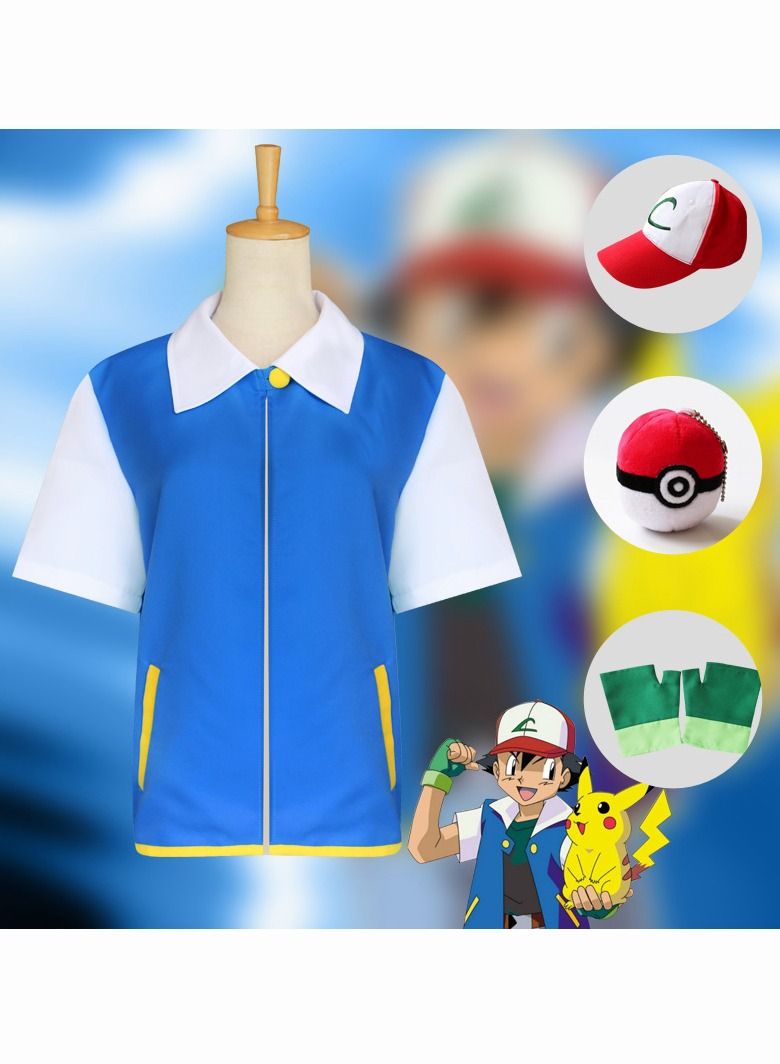 4 Piece Set Pokemon Ash Ketchum Costume Kid Monster Trainer Cosplay Jacket Hat Gloves Coat with Hats. Gloves And Plush Pokemon Balls  - Image 2