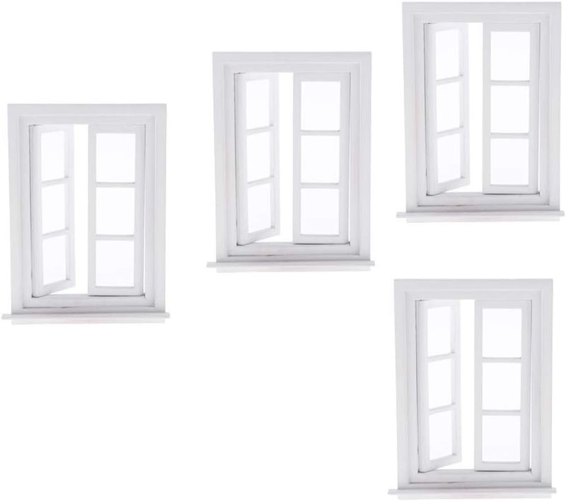 klarako 4Pcs Miniature White Wooden Door Window Furniture Decor For 1/12 Dolls House - Image 1