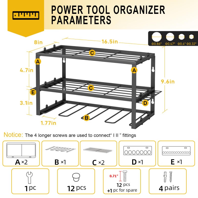 Spacecare Power Tool Organizer- Power Drill Tool Holder- Heavy Duty Tool Shelf & 1 Pack 3 Layers Tool Rack Cordless Drill Holder- Floating Tool Shelf Wall Mounted Tool Storage Rack for 4 Drill Holders - Image 2