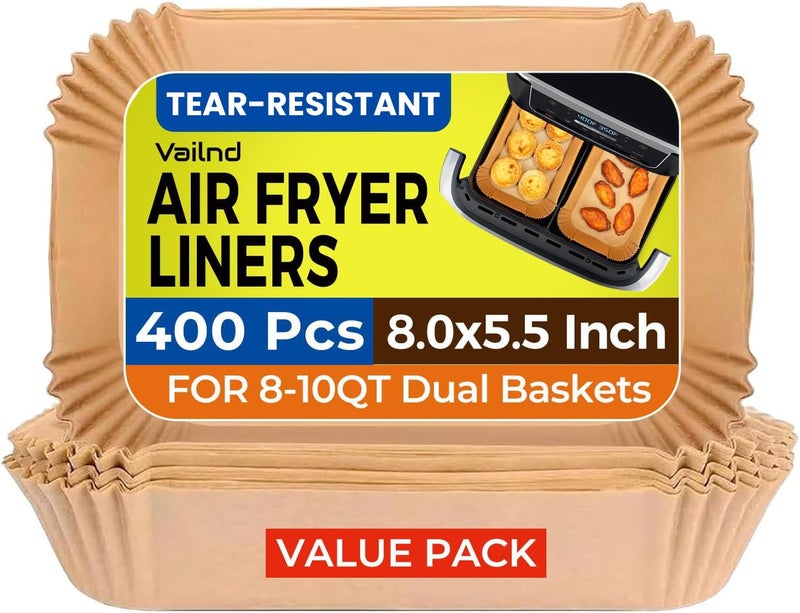 vailnd 400Pcs Air Fryer Liners Disposable for Dual Basket, 8x5.5 Inch Parchment Paper Sheets, Rectangular Baking Liners for Ninja DZ201 DZ401, Chefman/COSORI 2-Basket Air Fryer, Oil Proof & Non-Stick - Image 1