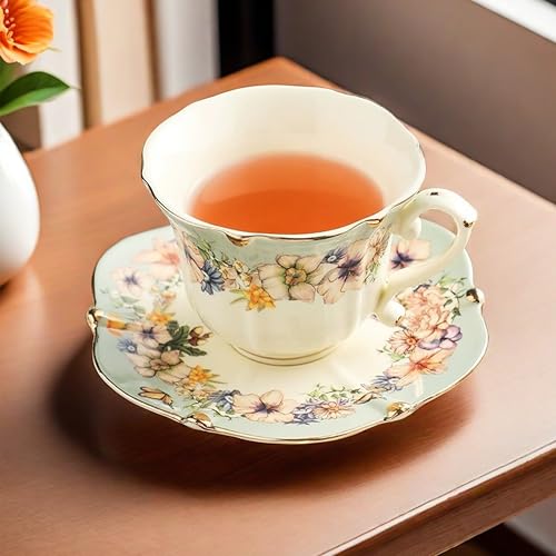 TATSUMI Country Roses Bone China Tea Cup and Saucer Set, 3 Pieces, Vintage Style, For Women and Tea Parties(Dutch Blue,1 Set) - Image 2