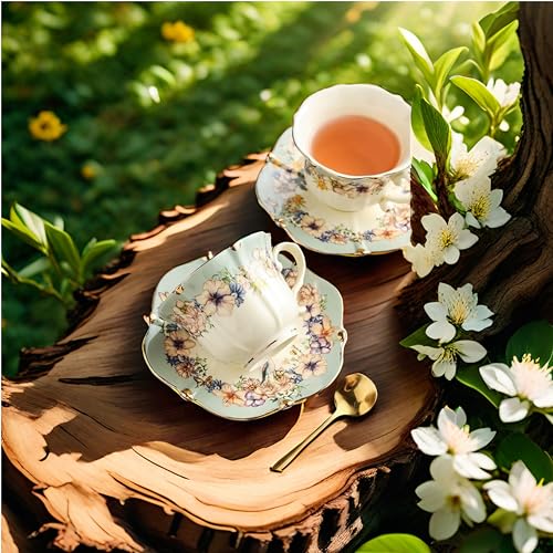 TATSUMI Country Roses Bone China Tea Cup and Saucer Set, 3 Pieces, Vintage Style, For Women and Tea Parties(Dutch Blue,1 Set) - Image 4