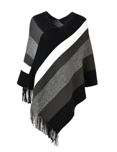 Ferand Women's Striped Poncho Sweater Cozy Knit Fringe Shawl Wraps for Fall Winter - Image 1