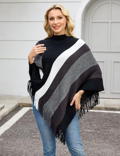 Ferand Women's Striped Poncho Sweater Cozy Knit Fringe Shawl Wraps for Fall Winter - Image 3