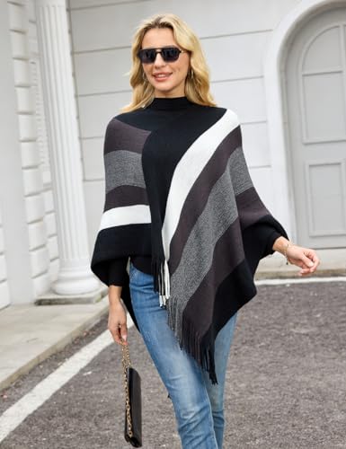 Ferand Women's Striped Poncho Sweater Cozy Knit Fringe Shawl Wraps for Fall Winter - Image 4