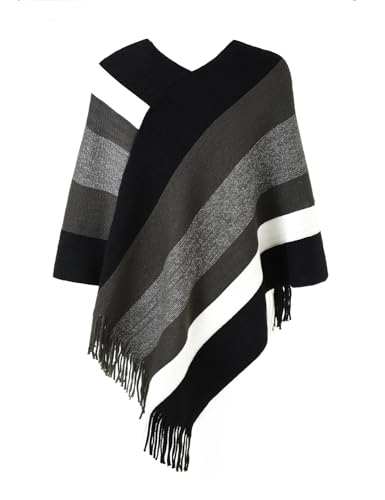 Ferand Women's Striped Poncho Sweater Cozy Knit Fringe Shawl Wraps for Fall Winter - Image 2