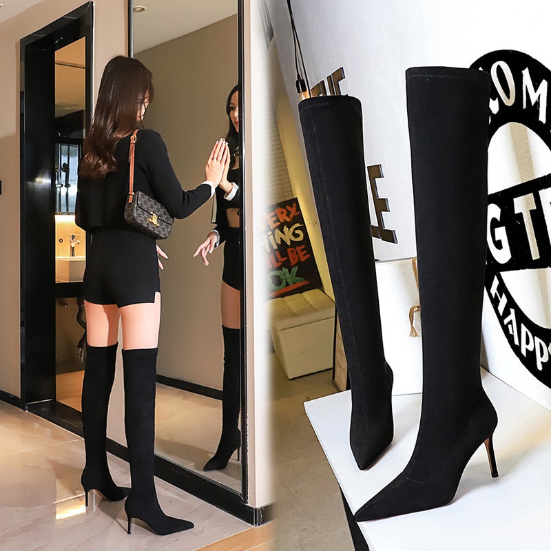 315-A6 Style Winter Fashion Simple Stiletto High Heel Pointed Toe Slender Slim Pedicure Suede Over-The-Knee Boots - Image 3