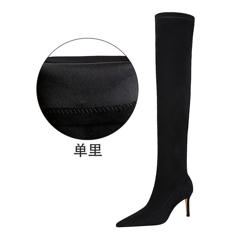 315-A6 Style Winter Fashion Simple Stiletto High Heel Pointed Toe Slender Slim Pedicure Suede Over-The-Knee Boots - Image 1
