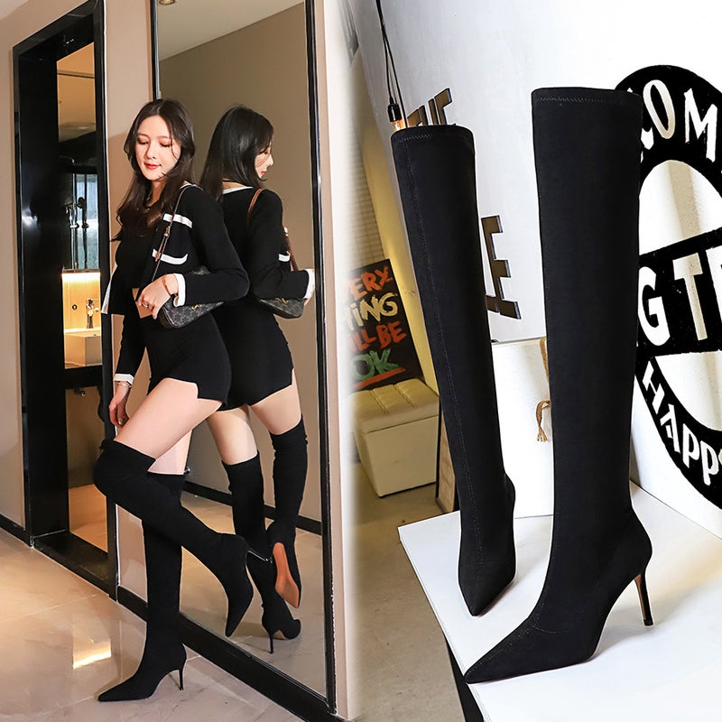315-A6 Style Winter Fashion Simple Stiletto High Heel Pointed Toe Slender Slim Pedicure Suede Over-The-Knee Boots - Image 2