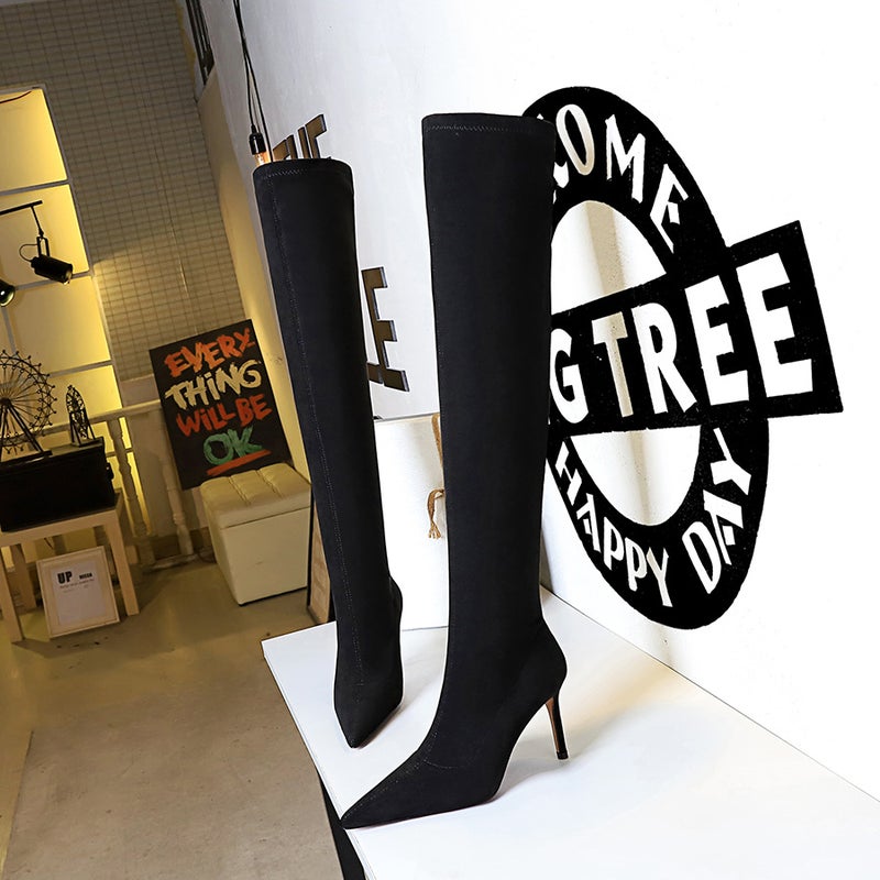 315-A6 Style Winter Fashion Simple Stiletto High Heel Pointed Toe Slender Slim Pedicure Suede Over-The-Knee Boots - Image 4