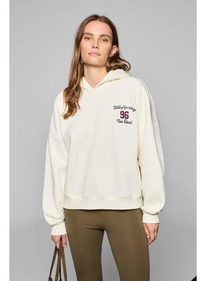 GRIMELANGE LUXE Women's Color-Embroidered and Back-Print Detailed Hooded Beige Sweatshirt.