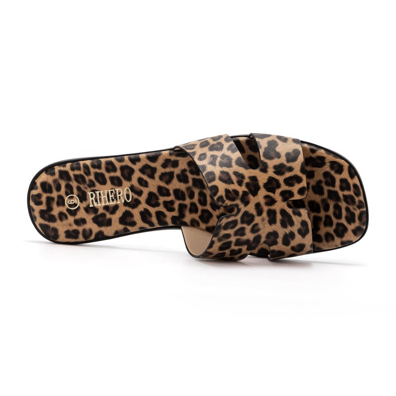 Rihero Women's Dressy Flat Sandals Comfortable Slip On Leather Slide Leopard Sandals - Image 5