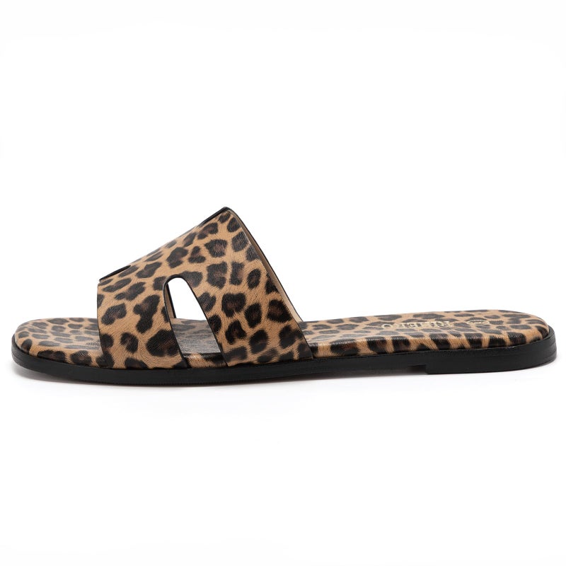 Rihero Women's Dressy Flat Sandals Comfortable Slip On Leather Slide Leopard Sandals - Image 4