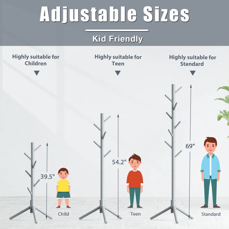 Haddockway Wooden Coat Rack Stand with 8 Hooks New Zealand Pine 3 Adjustable Coat Standing Tree Easy Assembly for Coats, Hats, Scarves and Handbags for Entryway, Hallway, Bedroom, Office - Image 5